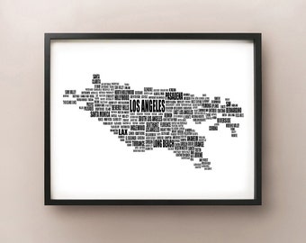 Los Angeles Typography Map, LA Text Art Print, Orange-Long Beach City Font - Choose color and size