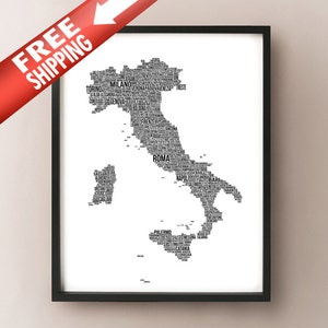 Italy Typography Map - Italia Font Map Art - Choose color and size