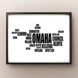 Carte typographique de la région d’Omaha, Nebraska Text Art Print