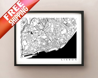 Mapa de Lisboa - Arte de la pared en blanco y negro, Lisboa, cartel de arte de Portugal
