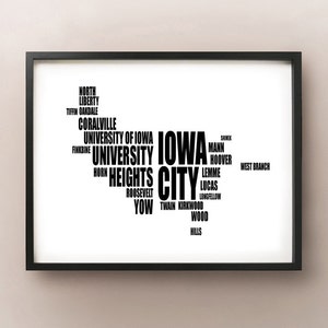 Carte de typographie de ville de l'Iowa, impression d'art de texte