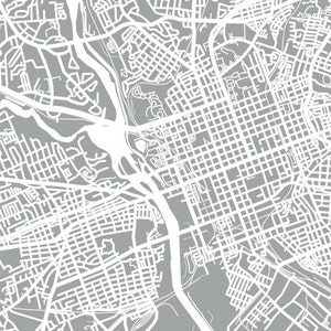 May include: A detailed, grayscale map illustration featuring a network of roads, streets, and waterways. The design showcases a dense urban layout with a grid-like pattern, ideal for wall art or home decor.