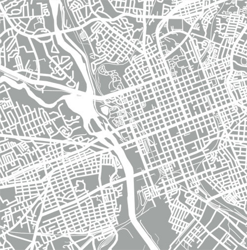 May include: A detailed, grayscale map illustration featuring a network of roads, streets, and waterways. The design showcases a dense urban layout with a grid-like pattern, ideal for wall art or home decor.