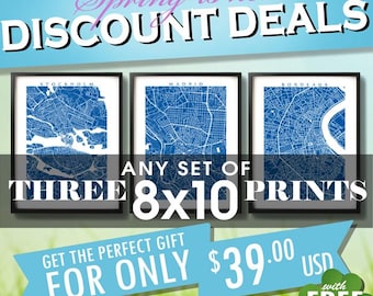Map Art Prints: Choose Any Three 8x10 Prints