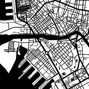 May include: A black and white abstract map illustration. The map features a network of streets, waterways, and urban infrastructure. The design is a high-contrast, graphic representation of a city layout, with a focus on geometric shapes and lines.