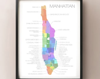 Manhattan, NY Map - Coloured Neighborhoods Print