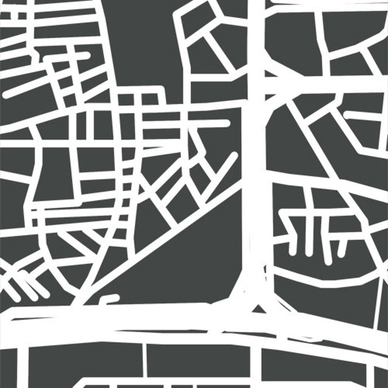 May include: A stylized, abstract map design in white lines against a dark gray background. The map features a network of roads and streets, creating a geometric pattern. The design is simple and modern.