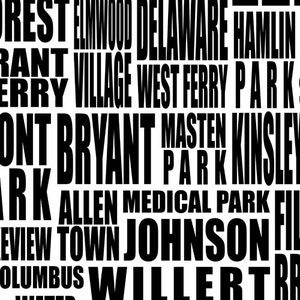 May include: A black and white graphic design featuring a collage of place names in a bold, sans-serif font. The names include "FOREST", "ELMWOOD", "DELAWARE", "HAMLIN", "BRYANT", "MASTEN PARK", and "KINSLEY".