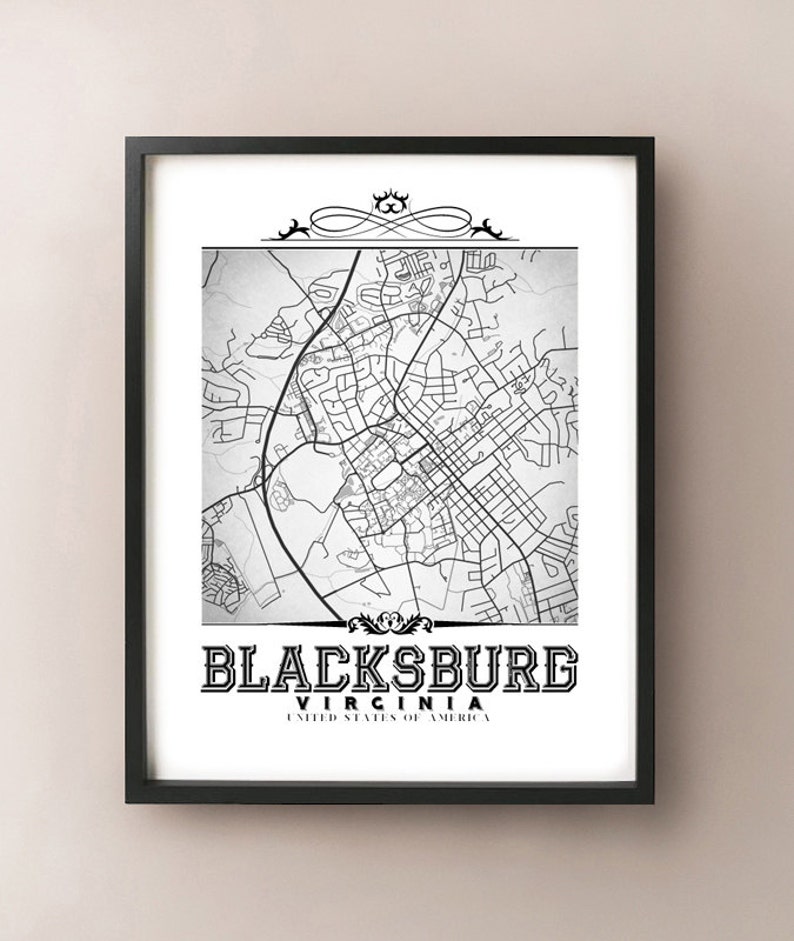Blacksburg Vintage Style Black & White Map Art Print Etsy
