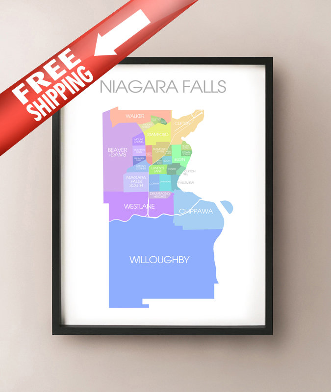 Niagara Falls Neighbourhood Map Niagara Falls On Map Coloured Neighbourhoods Print | Etsy Uk