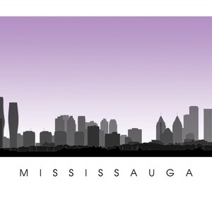 May include: A minimalist art print featuring the silhouette of the Mississauga skyline in shades of gray against a lavender sky. The city's name, MISSISSAUGA, is printed in a clean, sans-serif font at the bottom of the image.