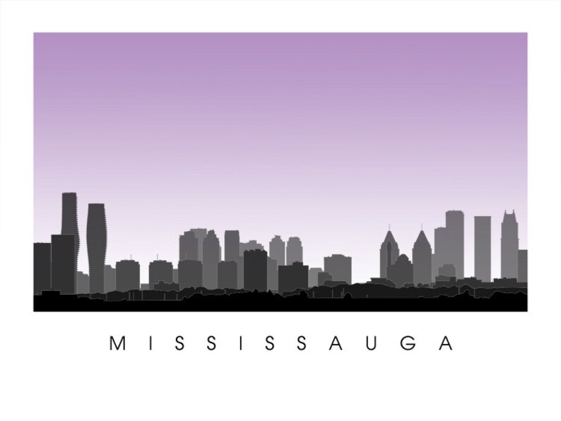 May include: A minimalist art print featuring the silhouette of the Mississauga skyline in shades of gray against a lavender sky. The city's name, MISSISSAUGA, is printed in a clean, sans-serif font at the bottom of the image.
