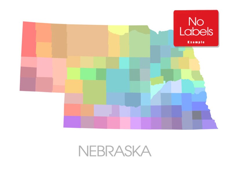 May include: A colorful map of Nebraska, divided into various rectangular regions, each with a different pastel color. The word "NEBRASKA" is written in gray at the bottom. A red square in the upper right corner reads "No Labels Example".