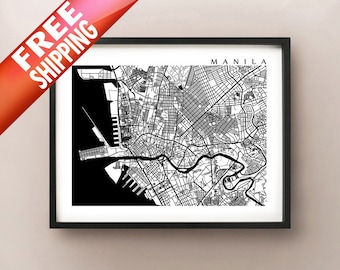 Manila Map, Philippines Art Poster Print - Black and White