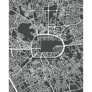 May include: A minimalist black and white map of Medina, featuring a detailed street layout. The city's name is printed in a clean, sans-serif font at the bottom. The map's design highlights the urban grid and key landmarks.