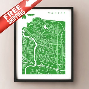Puede incluir: Una impresión enmarcada de un mapa verde y blanco de Vanier. El mapa es una ilustración detallada de las calles y vías fluviales de la ciudad. La impresión está en un marco negro con un borde blanco. Una pancarta roja con "FREE SHIPPING" está en la esquina superior izquierda.