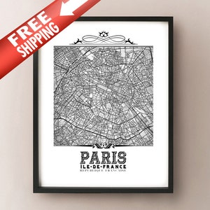 Impresión artística en blanco y negro con un mapa de París en estilo vintage: decoración con mapa de la ciudad de París, Francia - Ile-de-France