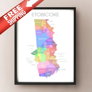 Etobicoke, Toronto, ON Carte - Print Colored Neighbourhoods