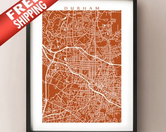 Durham map art print - North Carolina Poster