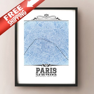Impresión artística con mapa de estilo vintage de París - Mapa de la ciudad de París, Francia - Ile-de-France