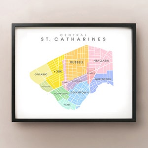 St. Catharines Central, ON Map Coloured Neighbourhoods Print image 2