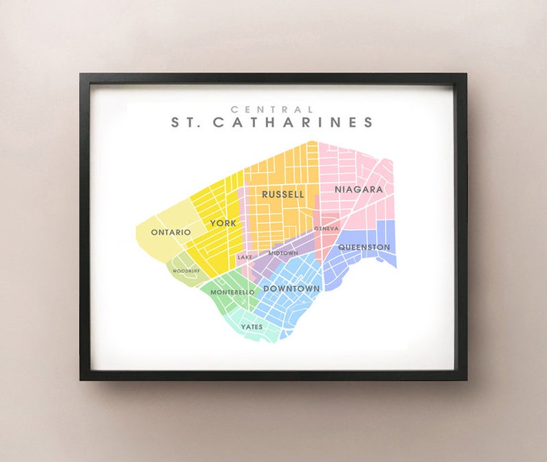 St. Catharines Central, ON Map Coloured Neighbourhoods Print image 2