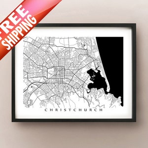 Christchurch Karte Kunst, Neuseeland Posterdruck - schwarz und weiß - Canterbury Kreuzritter, Kiwi