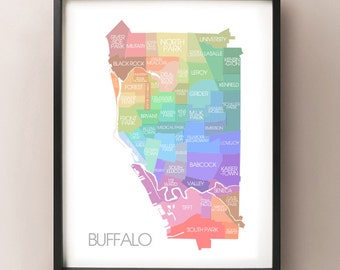 Buffalo, NY Map - Coloured Neighbourhoods Print