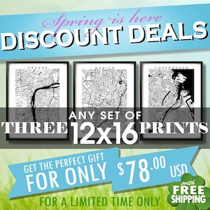 May include: Three framed 12x16 inch black and white city map prints. The maps are of Prague, Munich, and Copenhagen. The image includes text that says "Spring is here DISCOUNT DEALS" and "GET THE PERFECT GIFT FOR ONLY $78.00 USD".