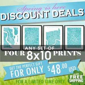 May include: Four framed 20x25 cm prints featuring teal city maps. The prints are displayed against a white background. The text "Spring is here DISCOUNT DEALS" is at the top. The text "GET THE PERFECT GIFT FOR ONLY $48.00 USD" is at the bottom.