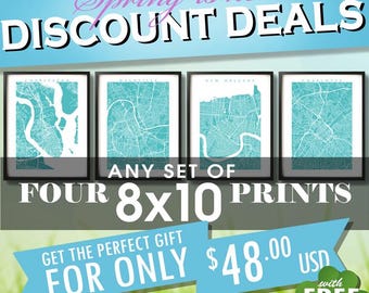 Map Art Prints Set of 4 (8x10): Choose Your City & Color