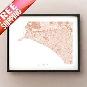 May include: Framed map print of Lima, Peru, in a minimalist style. The city map is rendered in a warm, earthy tone against a white background, with the city name at the bottom. The print is in a black frame.