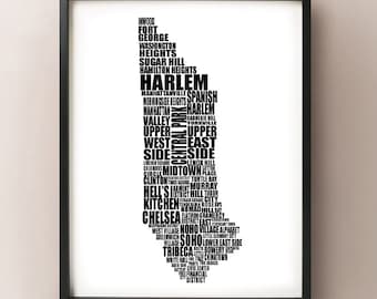 Manhattan Typography Map - New York City Neighborhood - NYC, Central Park