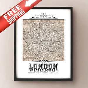 London Vintage Style Sepia Map Kunstdruck - London, England City Map Decor - Vereinigtes Königreich