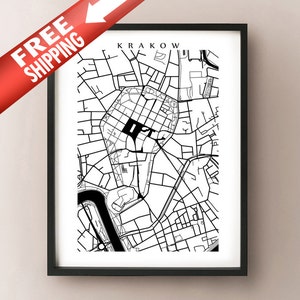 Krakow City Map Art Poster Print - Black and White - Cracow, Poland