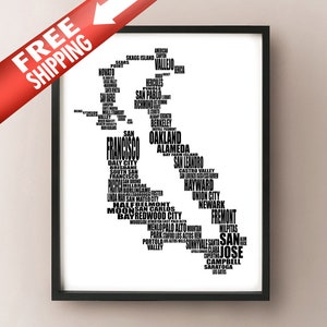 Carte typographique de la région de la baie de San Francisco, impression d’art texte en Californie