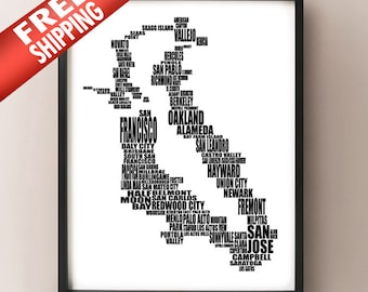 San Francisco Bay Area Typography Map, California Text Art Print