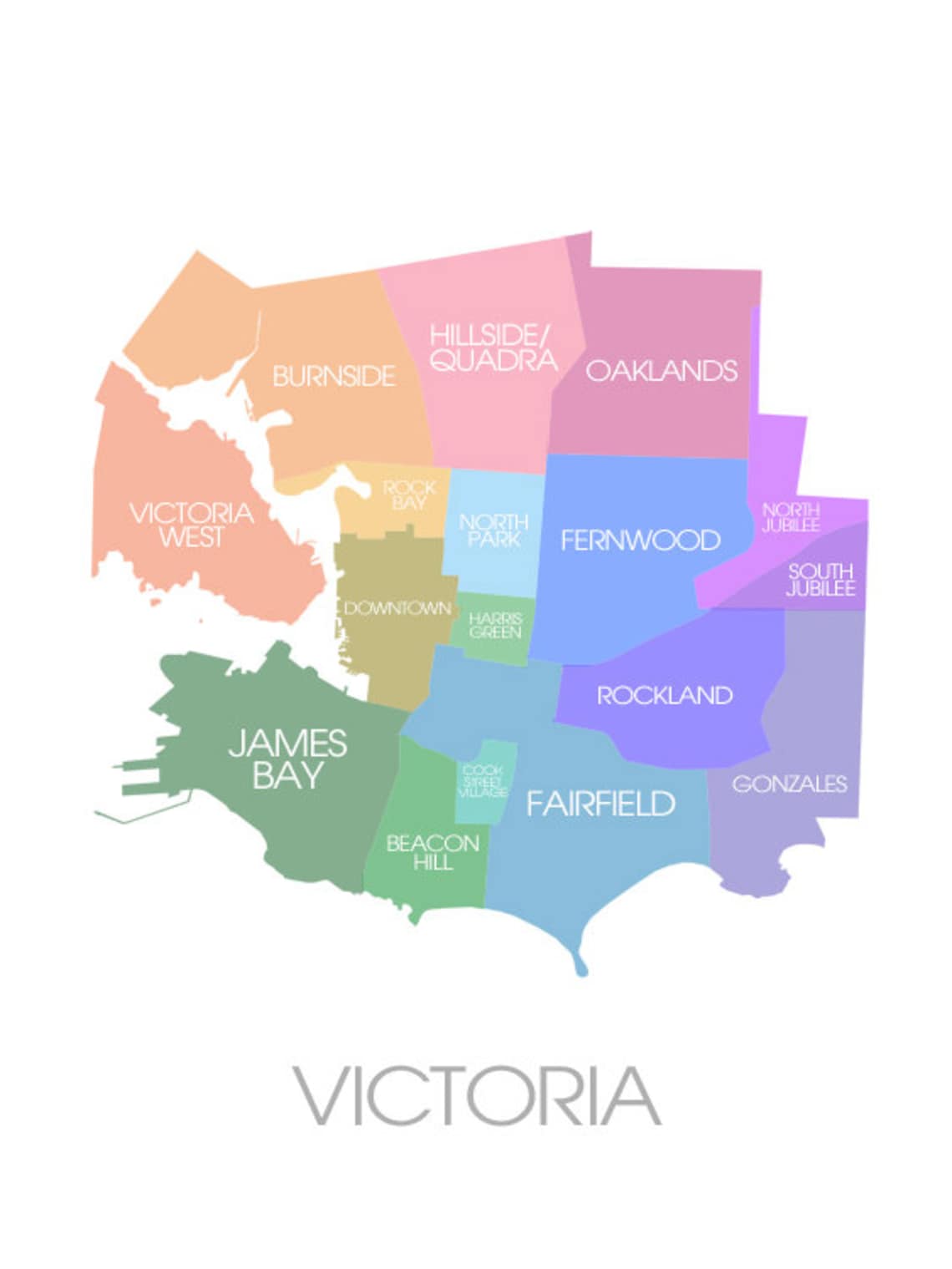 Victoria BC Map Coloured Neighbourhoods Print | Etsy