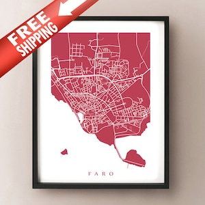 May include: Framed print featuring a map of Faro, Portugal, in a minimalist style. The map is rendered in white lines against a deep red background. The word "FARO" is printed in white at the bottom.