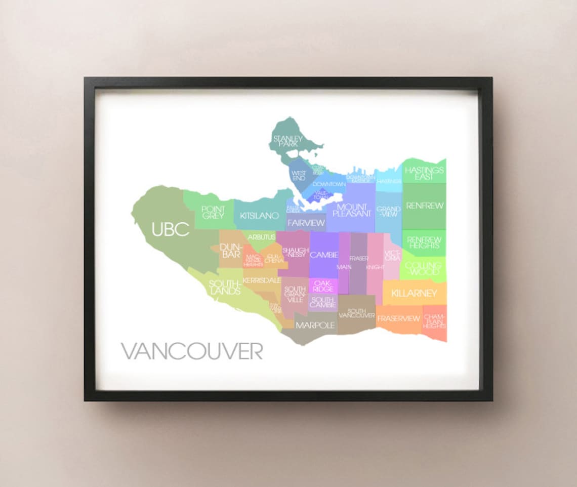 Vancouver, BC Map - Coloured Neighbourhoods Print - Etsy