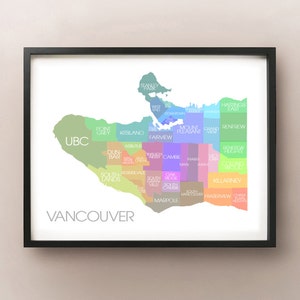 Carte de Vancouver,BC - Print des quartiers colorés