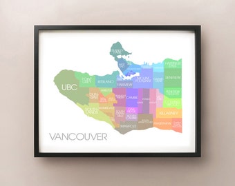 Vancouver, BC Map - Coloured Neighbourhoods Print