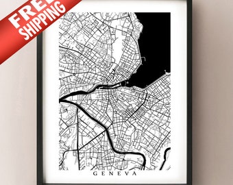 Geneva Map - Switzerland Poster Print - Black and White