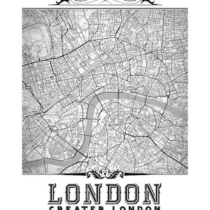 London Vintage Style Black &amp; White Map Art Print London, England City ...