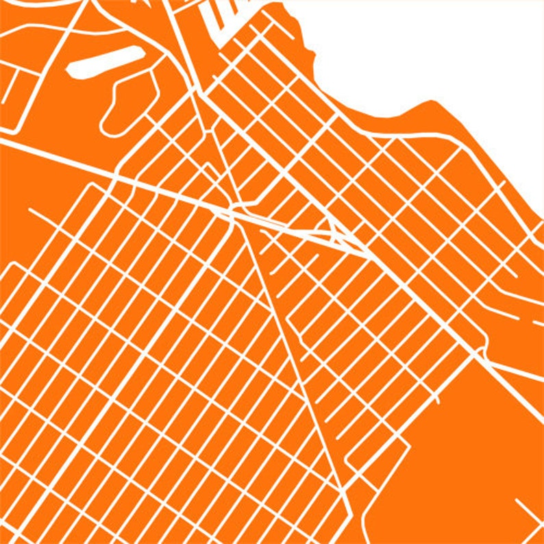 May include: An abstract map design in a vibrant orange hue, featuring a network of white lines representing streets and roads. The design includes a grid-like pattern and curved lines, suggesting a city layout. The overall aesthetic is modern and graphic.