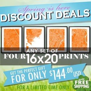 May include: Four framed 40.6 x 50.8 cm prints with orange city maps. The text "Spring is here DISCOUNT DEALS" is at the top. The text "ANY SET OF FOUR 16x20 PRINTS" is below the prints. The text "GET THE PERFECT GIFT FOR ONLY $144.00 USD" is at the bottom.