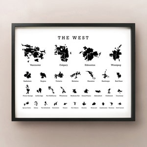 Impresión de mapa de siluetas de ciudades del oeste de Canadá