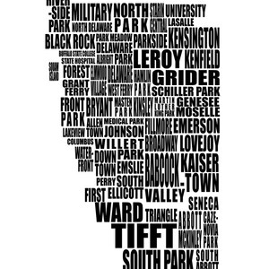 May include: A black and white graphic of a city map, with the names of various locations and neighborhoods in bold, sans-serif font. The text is arranged to form the shape of the city.