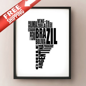 Südamerika Typografie Karte - Sudamerica Schrift Karte Kunst - wählen Sie Farbe und Größe