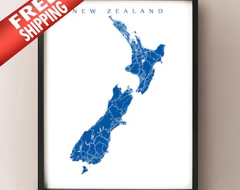 Carte de la Nouvelle-Zélande - North - South Island, NZ Art Poster Print